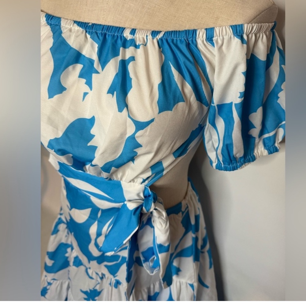 Elegant Blue Floral Spring wedding guest dress Off-Shoulder Boho maxi M NWOT - Picture 7 of 7